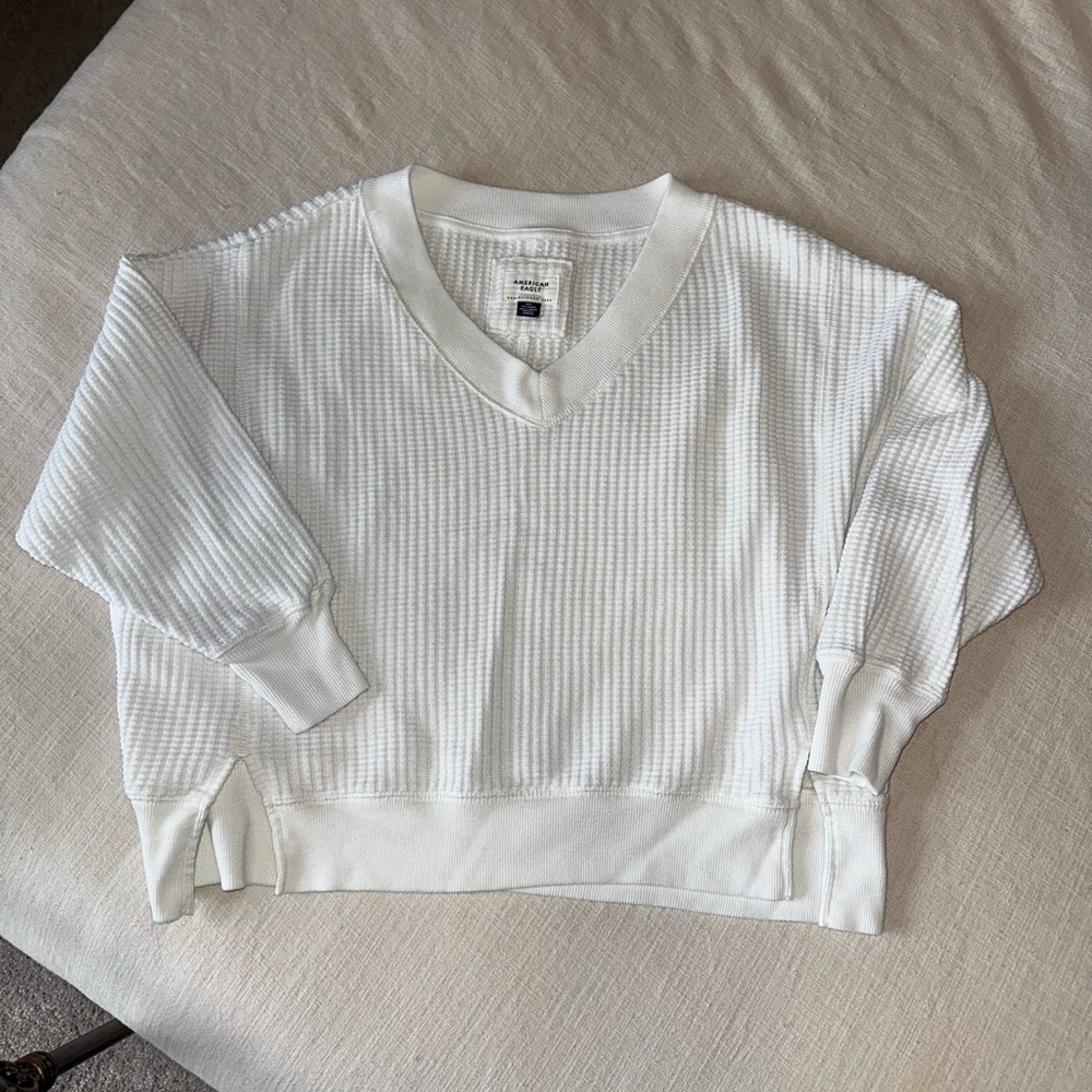 American Eagle Waffle Knit V-Neck Long Sleeve – White – XS